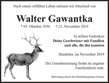 Traueranzeige von Walter Gawantka  von Magdeburger Volksstimme