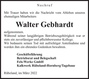 Traueranzeige von Walter Gebhardt  von Magdeburger Volksstimme