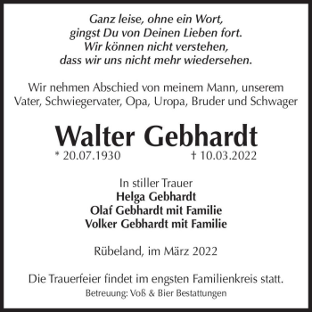 Traueranzeige von Walter Gebhardt  von Magdeburger Volksstimme