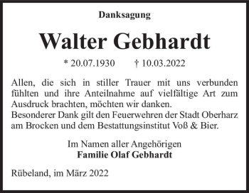Traueranzeige von Walter Gebhardt  von Magdeburger Volksstimme