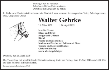 Traueranzeige von Walter Gehreke  von Magdeburger Volksstimme
