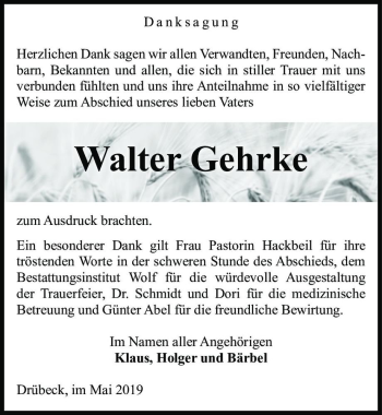 Traueranzeige von Walter Gehrke  von Magdeburger Volksstimme