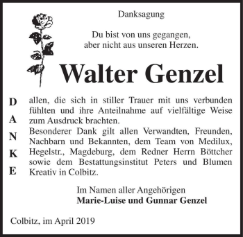 Traueranzeige von Walter Genzel  von Magdeburger Volksstimme