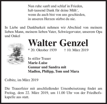 Traueranzeige von Walter Genzel  von Magdeburger Volksstimme