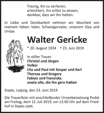 Traueranzeige von Walter Gericke  von Magdeburger Volksstimme