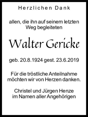Traueranzeige von Walter Gericke  von Magdeburger Volksstimme