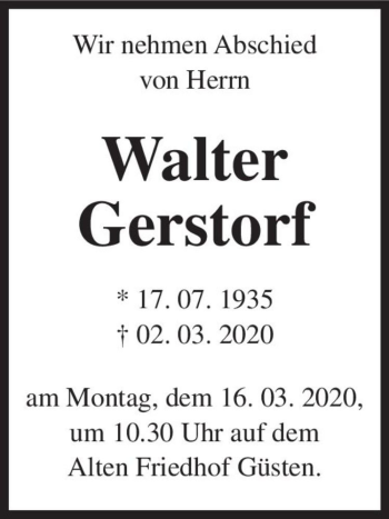 Traueranzeige von Walter Gerstorf  von Magdeburger Volksstimme