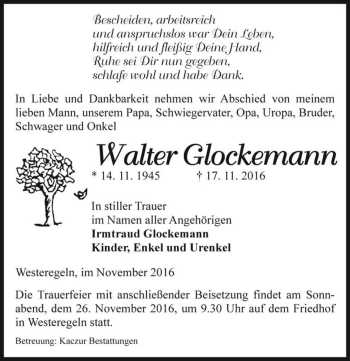 Traueranzeige von Walter Glockemann  von Magdeburger Volksstimme