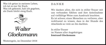 Traueranzeige von Walter Glockemann  von Magdeburger Volksstimme