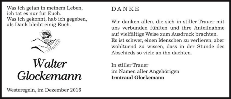  Traueranzeige für Walter Glockemann  vom 03.12.2016 aus Magdeburger Volksstimme
