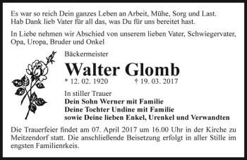 Traueranzeige von Walter Glomb  von Magdeburger Volksstimme