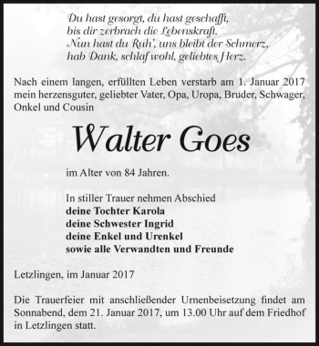 Traueranzeige von Walter Goes  von Magdeburger Volksstimme