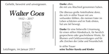 Traueranzeige von Walter Goes  von Magdeburger Volksstimme