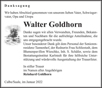 Traueranzeige von Walter Goldhorn  von Magdeburger Volksstimme