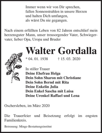Traueranzeige von Walter Gordalla  von Magdeburger Volksstimme