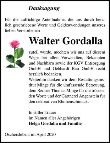 Traueranzeige von Walter Gordalla  von Magdeburger Volksstimme