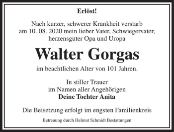 Traueranzeige von Walter Gorgas  von Magdeburger Volksstimme