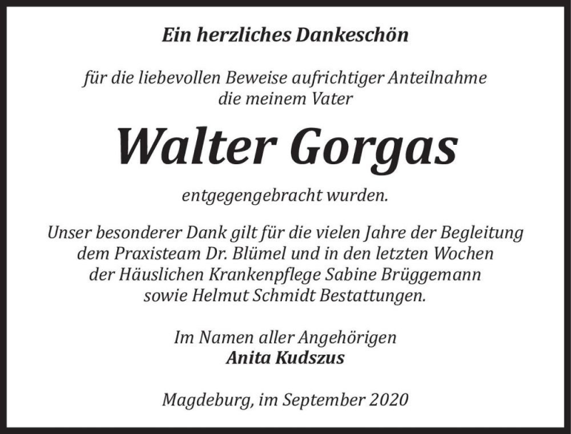  Traueranzeige für Walter Gorgas  vom 12.09.2020 aus Magdeburger Volksstimme