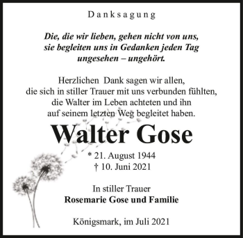 Traueranzeige von Walter Gose  von Magdeburger Volksstimme