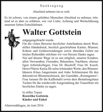 Traueranzeige von Walter Gottstein  von Magdeburger Volksstimme