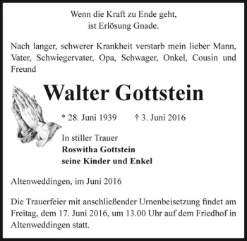Traueranzeige von Walter Gottstein  von Magdeburger Volksstimme