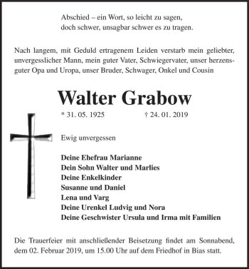 Traueranzeige von Walter Grabow  von Magdeburger Volksstimme