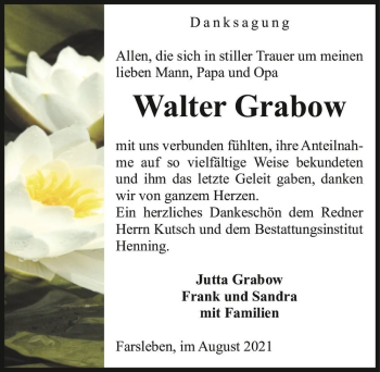 Traueranzeige von Walter Grabow  von Magdeburger Volksstimme