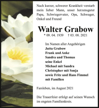 Traueranzeige von Walter Grabow  von Magdeburger Volksstimme