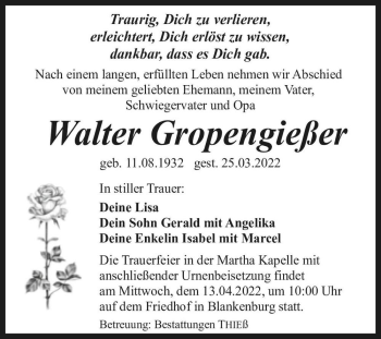 Traueranzeige von Walter Gropengießer  von Magdeburger Volksstimme