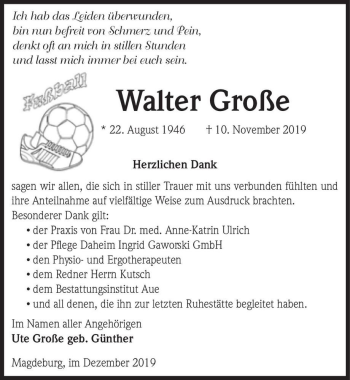 Traueranzeige von Walter Große  von Magdeburger Volksstimme
