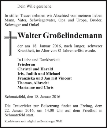 Traueranzeige von Walter Großelindemann  von Magdeburger Volksstimme