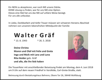 Traueranzeige von Walter Gräf  von Magdeburger Volksstimme
