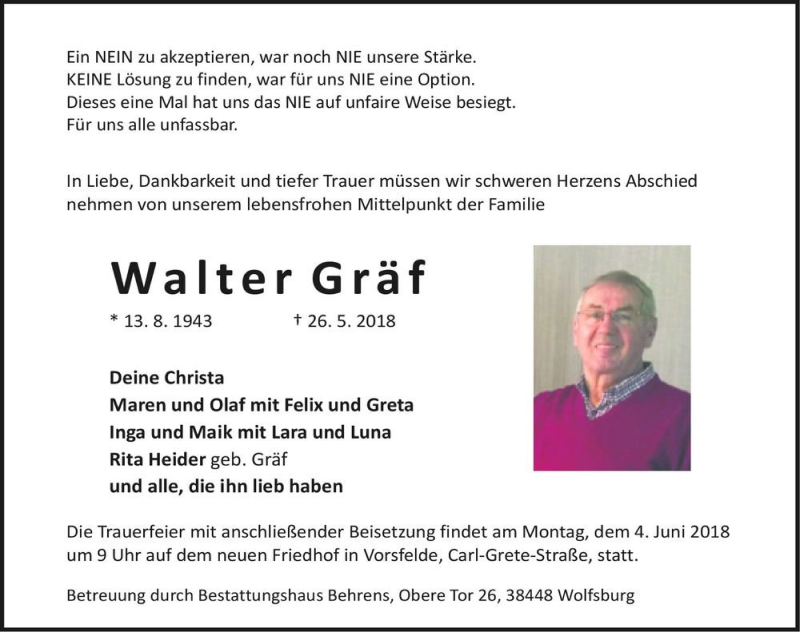  Traueranzeige für Walter Gräf  vom 30.05.2018 aus Magdeburger Volksstimme