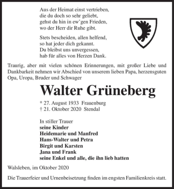 Traueranzeige von Walter Grünberg  von Magdeburger Volksstimme