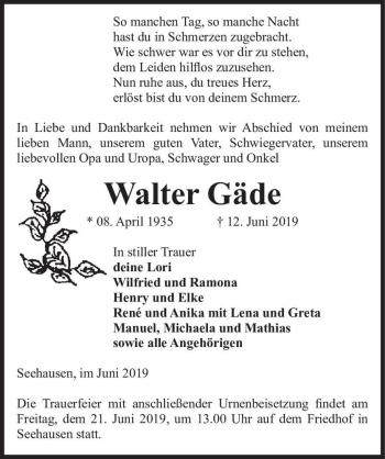 Traueranzeige von Walter Gäde  von Magdeburger Volksstimme