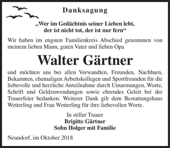 Traueranzeige von Walter Gärtner  von Magdeburger Volksstimme