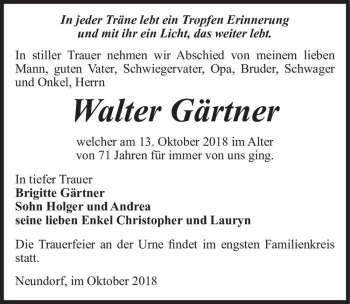 Traueranzeige von Walter Gärtner  von Magdeburger Volksstimme