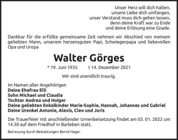 Traueranzeige von Walter Görges  von Magdeburger Volksstimme