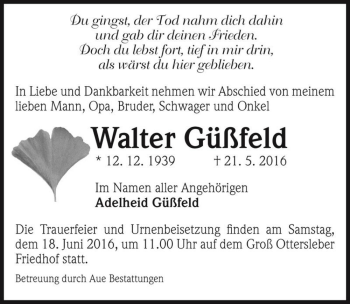 Traueranzeige von Walter Güßfeld  von Magdeburger Volksstimme