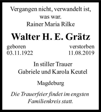 Traueranzeige von Walter H. E. Grätz  von Magdeburger Volksstimme