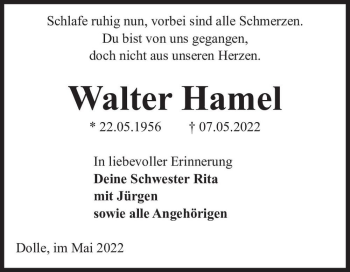 Traueranzeige von Walter Hamel  von Magdeburger Volksstimme