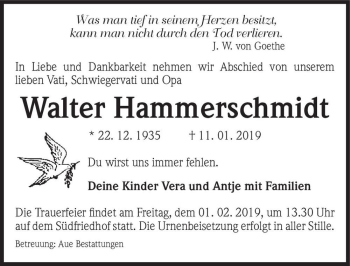 Traueranzeige von Walter Hammerschmidt  von Magdeburger Volksstimme