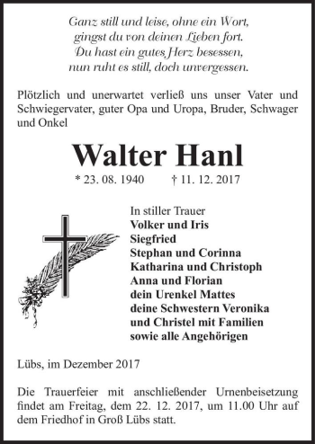 Traueranzeige von Walter Hanl  von Magdeburger Volksstimme