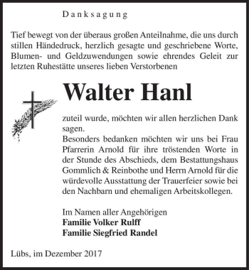 Traueranzeige von Walter Hanl  von Magdeburger Volksstimme