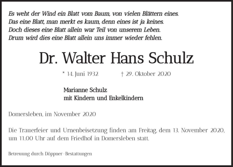  Traueranzeige für Walter Hans Schulz  vom 07.11.2020 aus Magdeburger Volksstimme