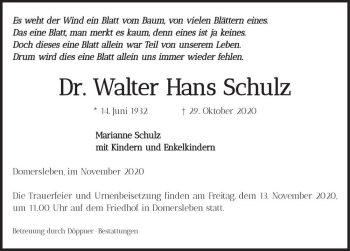 Traueranzeige von Walter Hans Schulz  von Magdeburger Volksstimme