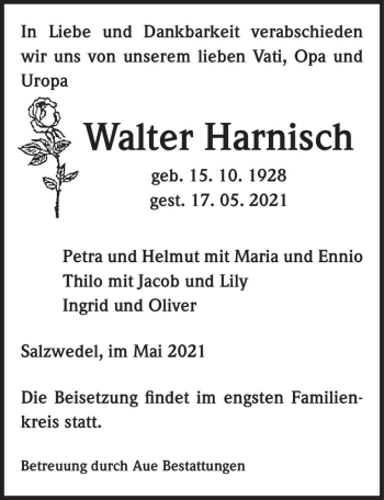 Traueranzeige von Walter Harnisch  von Magdeburger Volksstimme