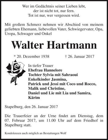 Traueranzeige von Walter Hartmann  von Magdeburger Volksstimme