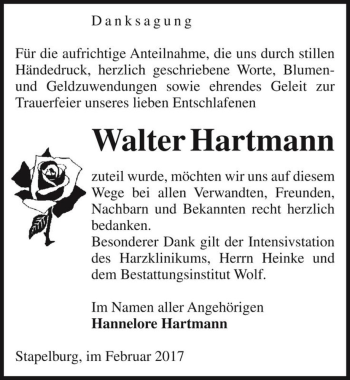 Traueranzeige von Walter Hartmann  von Magdeburger Volksstimme