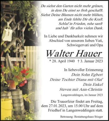 Traueranzeige von Walter Hauer  von Magdeburger Volksstimme